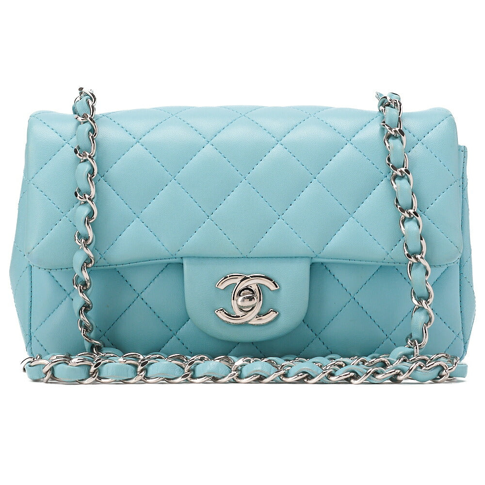 CHANEL Chain Shoulder Bag Mini Matrasse 20cm Lambskin Single Flap Turnlock Light Blue Silver-Tone Hardware, Pre-Owned