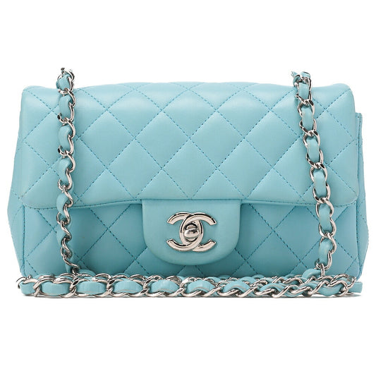 CHANEL Chain Shoulder Bag Mini Matrasse 20cm Lambskin Single Flap Turnlock Light Blue Silver-Tone Hardware, Pre-Owned