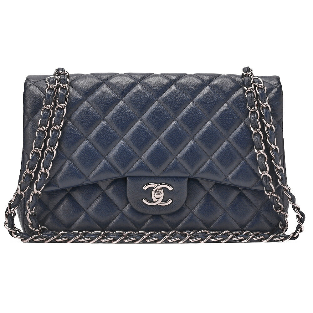 CHANEL Chain Shoulder Bag Double Flap Deca Matasse 30cm Caviar Skin Navy Silver-Tone Hardware, Pre-Owned