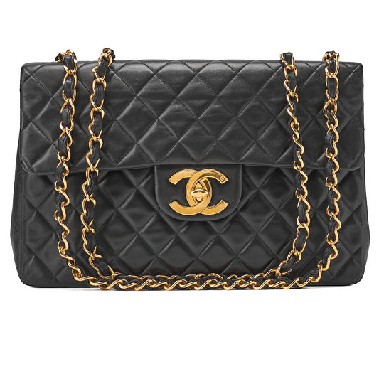 CHANEL Chain Shoulder Bag Deca Matlasse 34cm Lambskin Black Gold-Tone Hardware, Pre-Owned