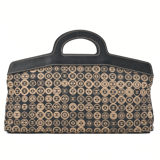 CHANEL Coco Mark All-Over Pattern Handbag Cotton Black Gold-Tone Hardware, Pre-Owned