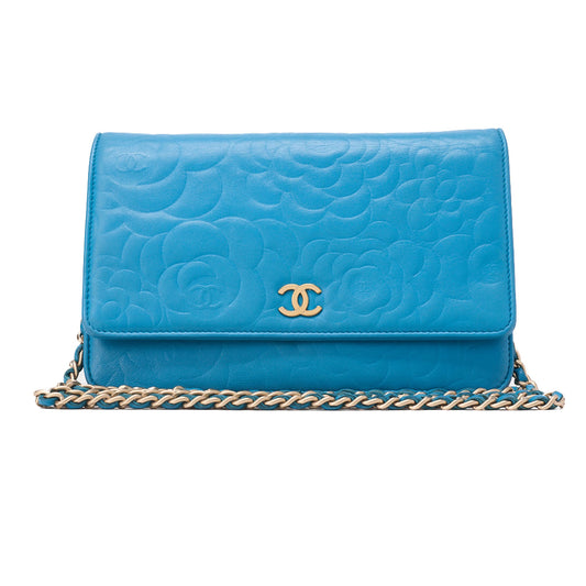 CHANEL Chain Shoulder Chain Wallet Camellia Lambskin Turquoise Gold-Tone Hardware, Pre-Owned