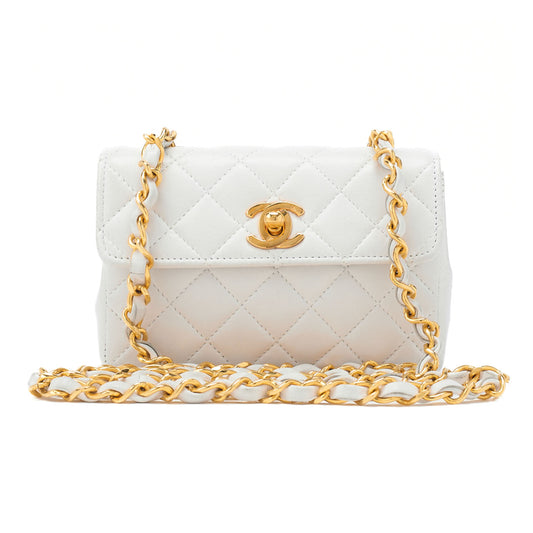 CHANEL Chain Shoulder Bag Mini Mini Matelasse Lambskin White Single Flap Turnlock Gold-Tone Hardware, Pre-Owned