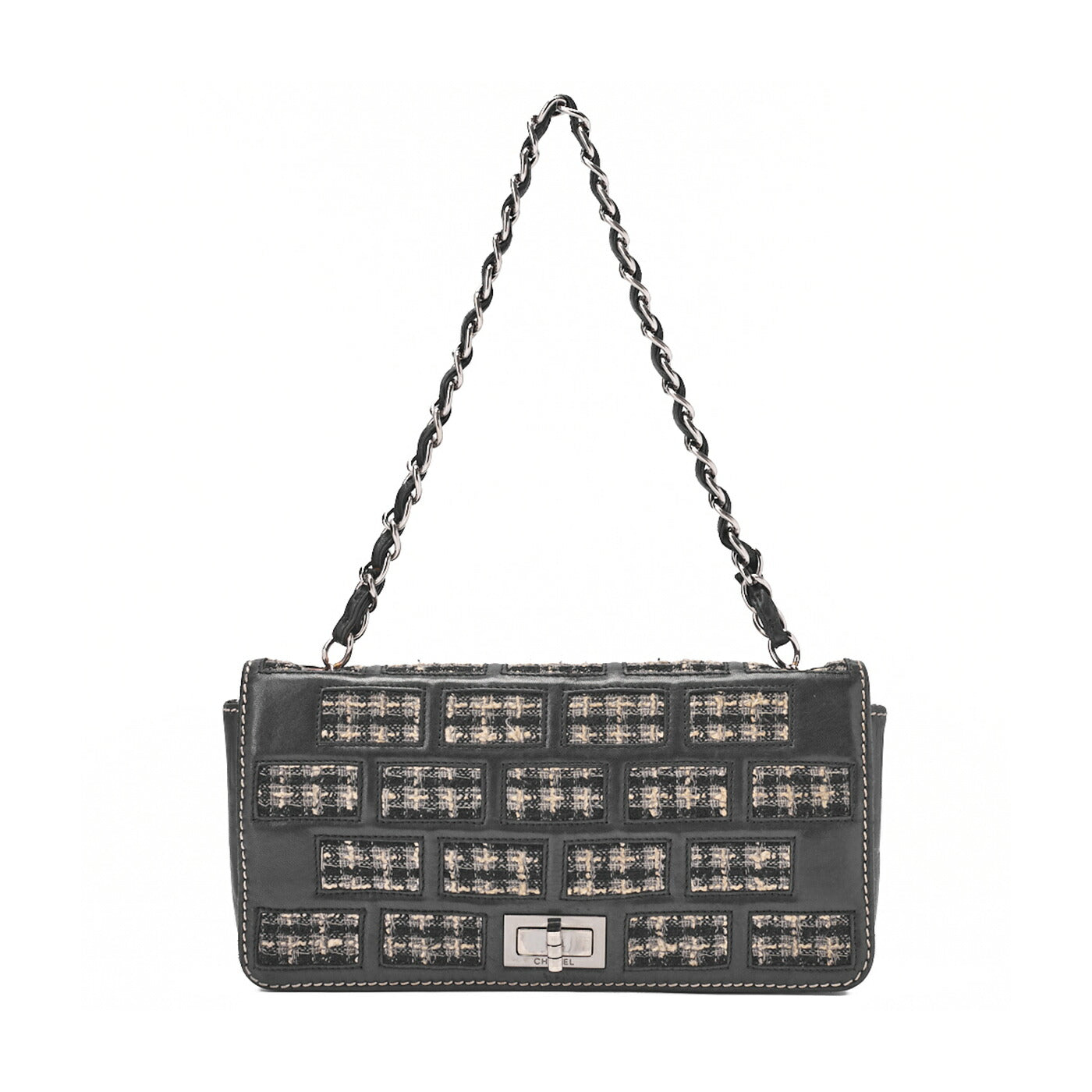 CHANEL Chocolate Bar 2.55 Turnlock Chain Shoulder Lambskin x Tweed Black Silver-Tone Hardware, Pre-Owned