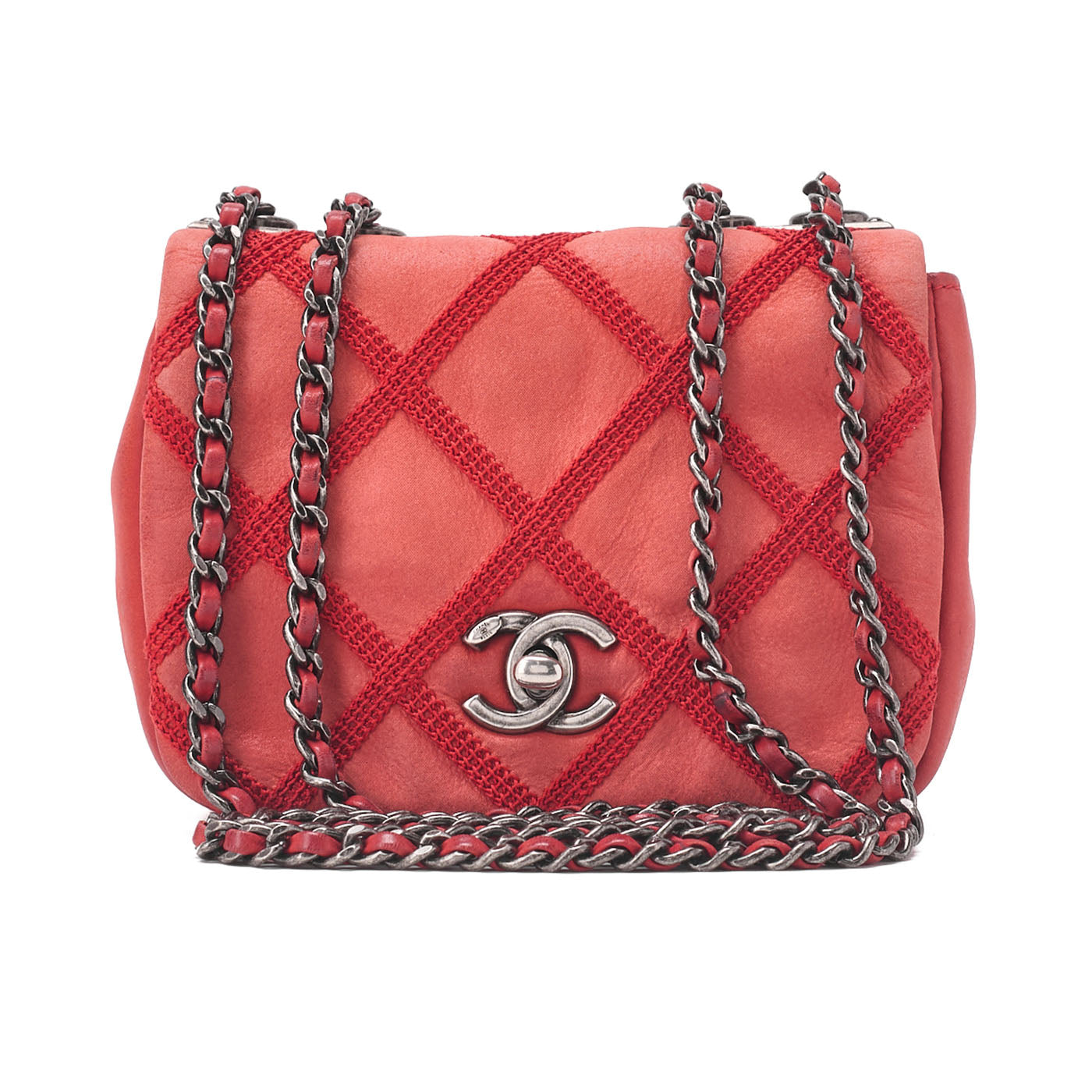 CHANEL Chain Shoulder Bag Matelasse Single Flap Sparkle Leather Red Silver-Tone Hardware, Pre-Owned