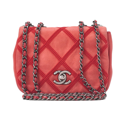 CHANEL Chain Shoulder Bag  Matelasse Single Flap Sparkle Leather Red Silver-Tone Hardware, Pre-Owned