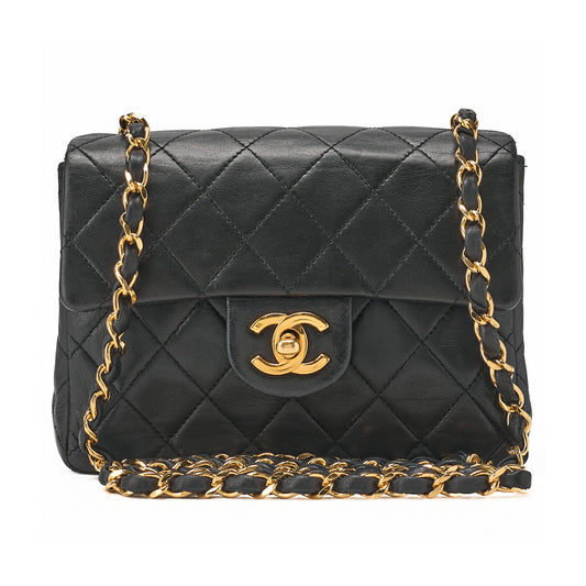 CHANEL Chain Shoulder Bag Mini Matelasse 18cm Lambskin Black Single Flap Turnlock Gold-Tone Hardware, Pre-Owned