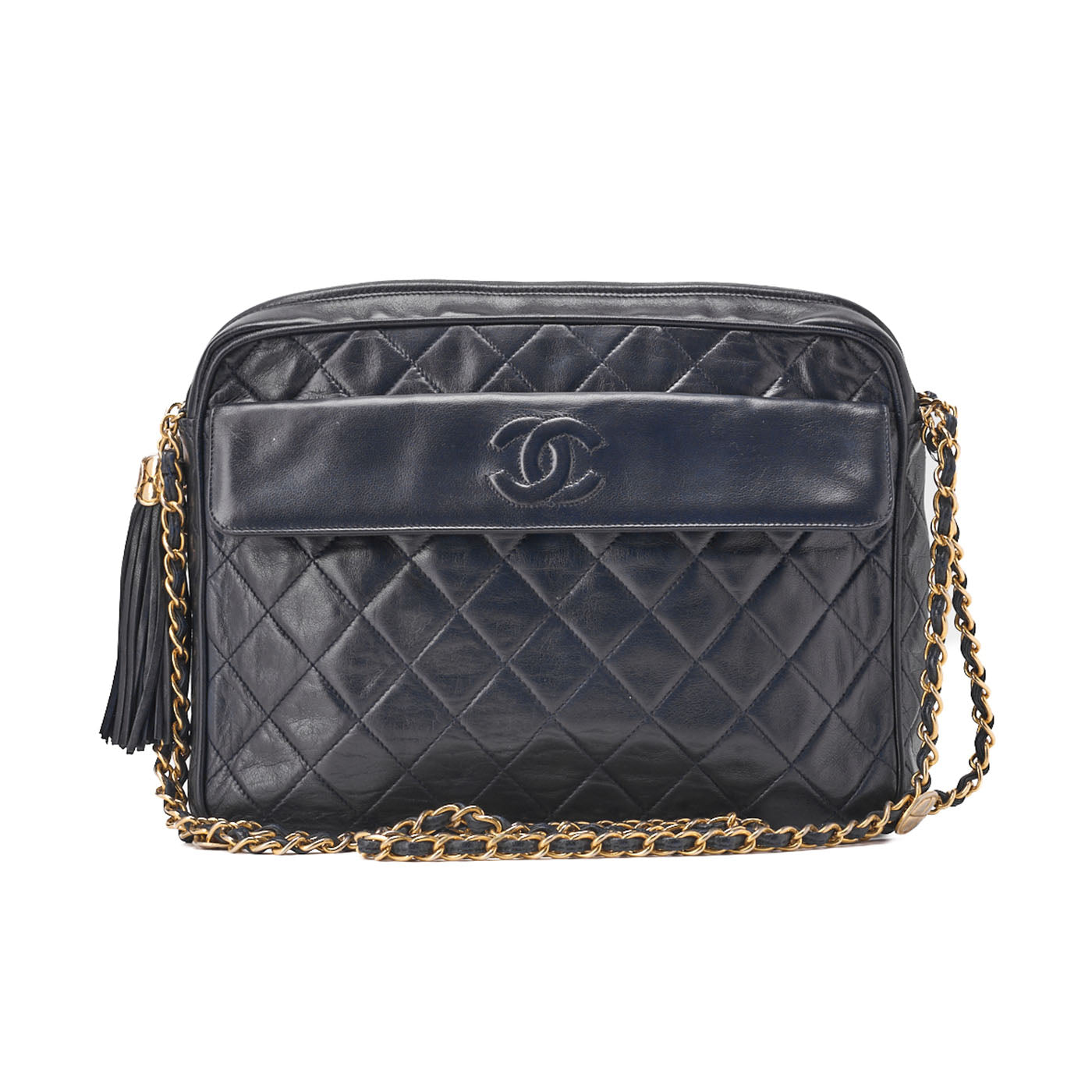 CHANEL Chain Shoulder Matelasse Coco Mark Fringe Large Size Lambskin Navy Gold-Tone Hardware, Pre-Owned