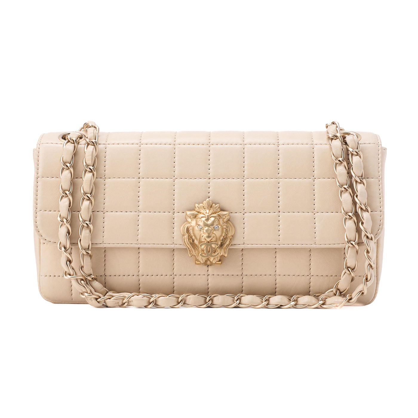 CHANEL Chanel Chocolate Bar Push Lock Lion Coco Chain Shoulder Lambskin Beige Gold-Tone Hardware, Pre-Owned