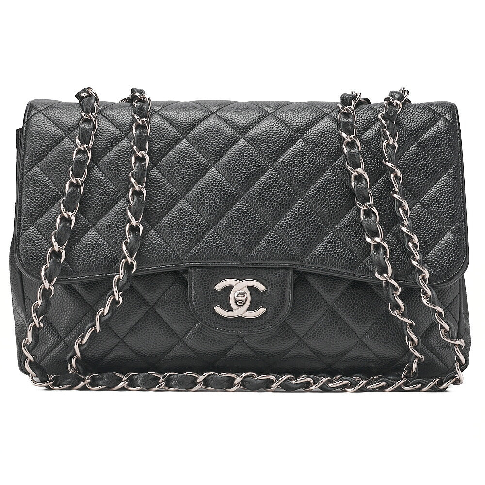 CHANEL Chain Shoulder Bag Deca Matelasse 30cm Single Flap Caviar Skin Black Silver-Tone Hardware, Pre-Owned
