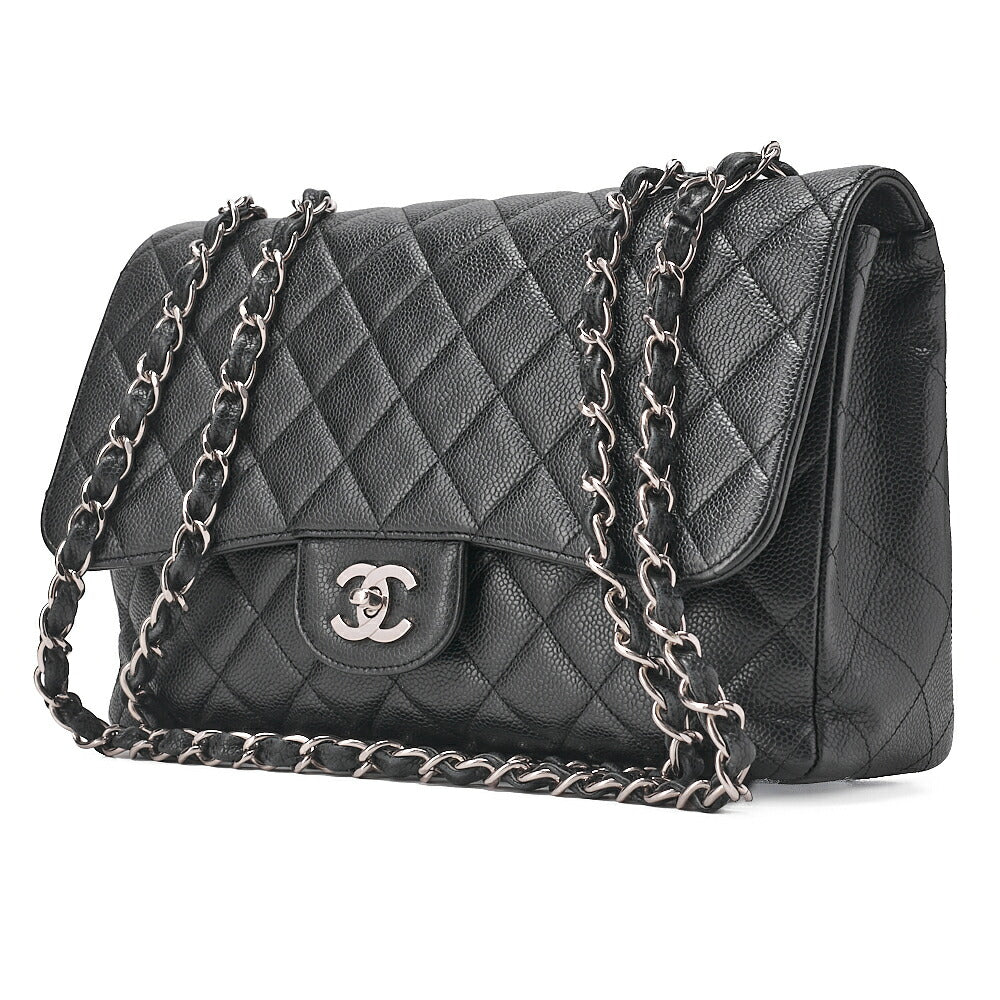 CHANEL Chain Shoulder Bag Deca Matelasse 30cm Single Flap Caviar Skin Black Silver-Tone Hardware, Pre-Owned