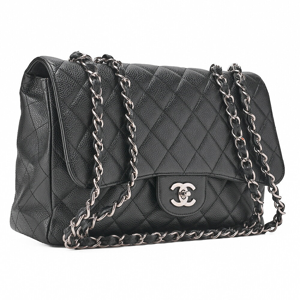 CHANEL Chain Shoulder Bag Deca Matelasse 30cm Single Flap Caviar Skin Black Silver-Tone Hardware, Pre-Owned