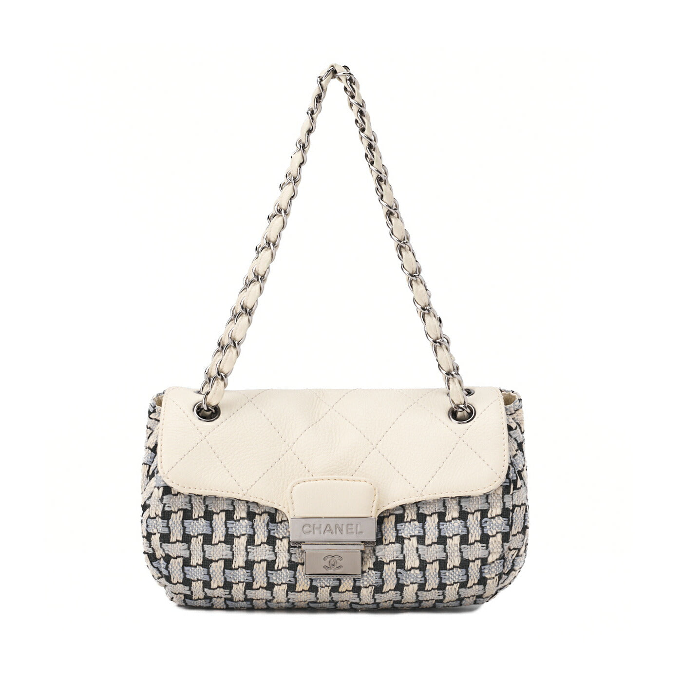 CHANEL Matelasse Bicolore Push Lock Chain Shoulder Leather x Cotton White Silver-Tone Hardware, Pre-Owned