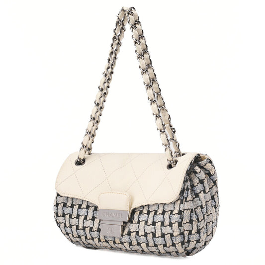 CHANEL Matelasse Bicolore Push Lock Chain Shoulder Leather x Cotton White Silver-Tone Hardware, Pre-Owned
