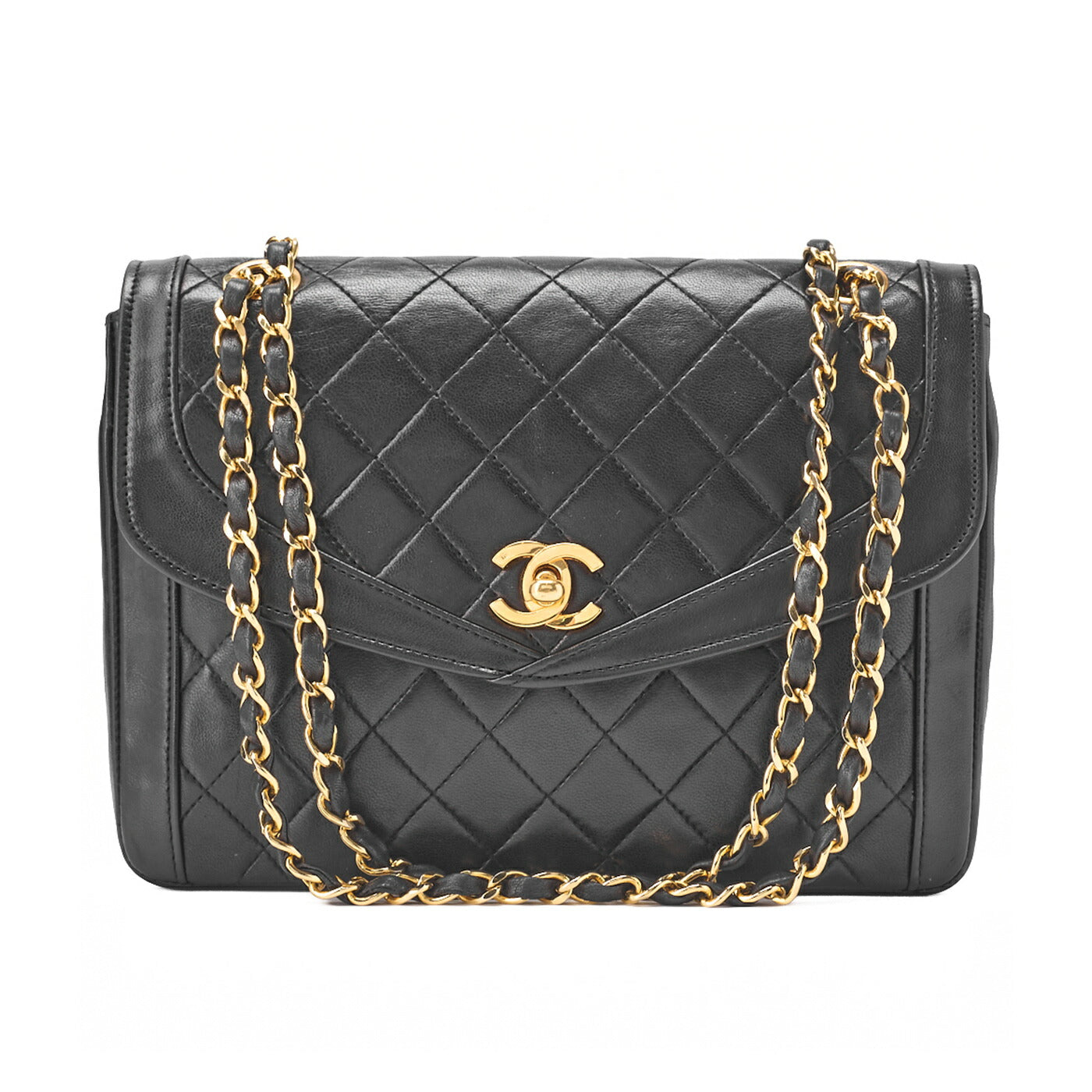 CHANEL Matelasse Turnlock Design Flap Chain Shoulder Bag Lambskin Black Gold-Tone Hardware, Pre-Owned