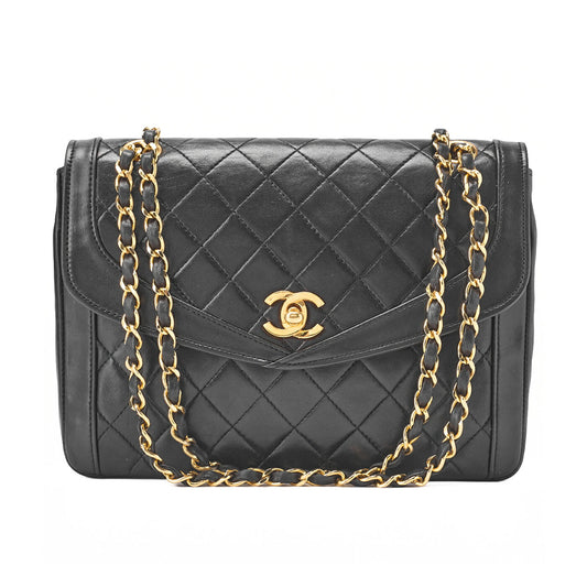 CHANEL Matelasse Turnlock Design Flap Chain Shoulder Bag Lambskin Black Gold-Tone Hardware, Pre-Owned