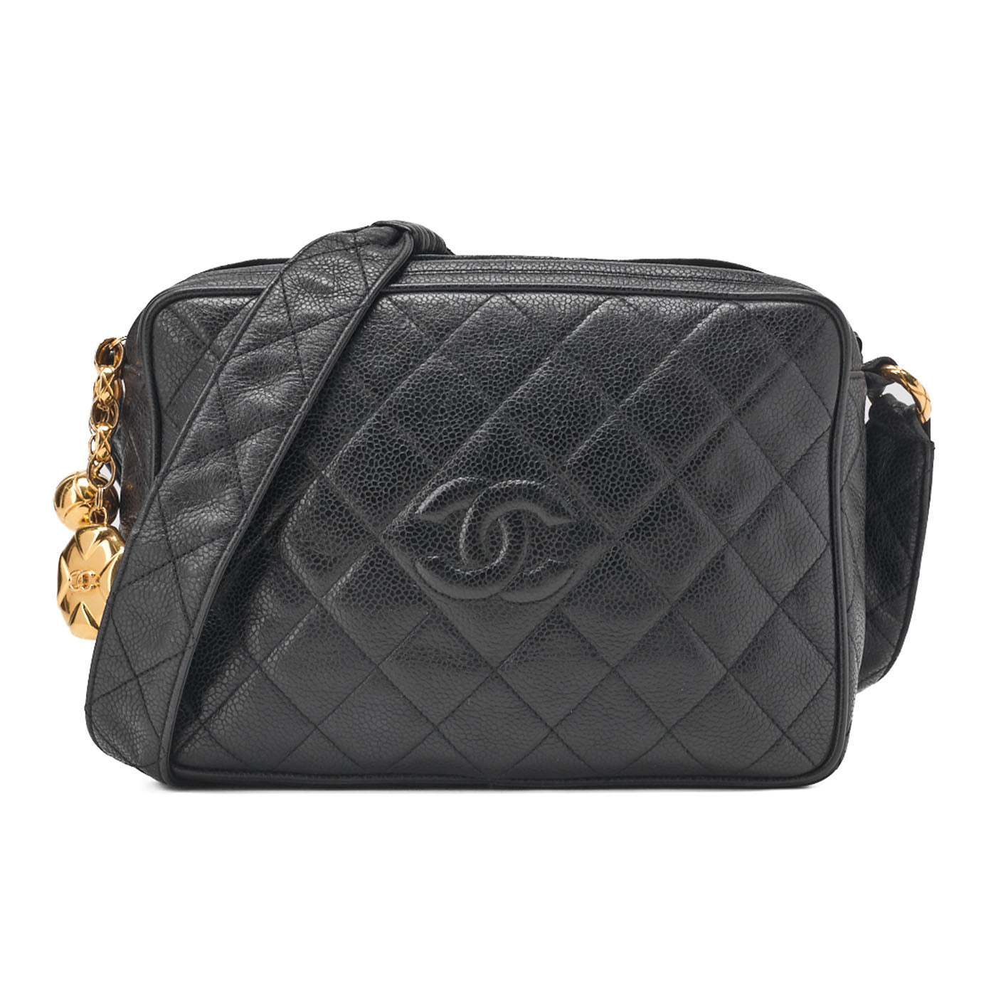 CHANEL Chain Shoulder Bag Matelasse Cocomark Caviar Skin Ball Charm Black Gold-Tone Hardware, Pre-Owned