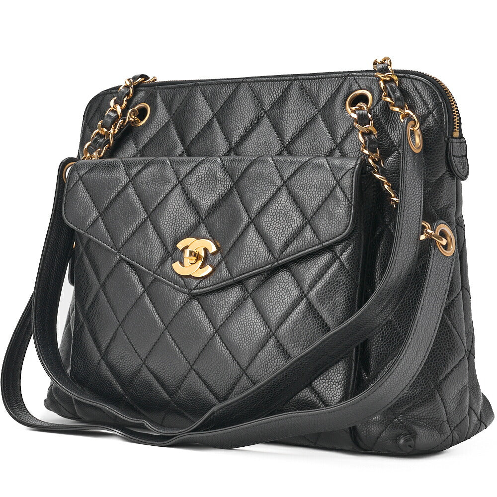 CHANEL Schultertasche, Matelassé-Außenklappe, Kaviarhaut, Schwarz, goldfarbene Metallteile, gebraucht