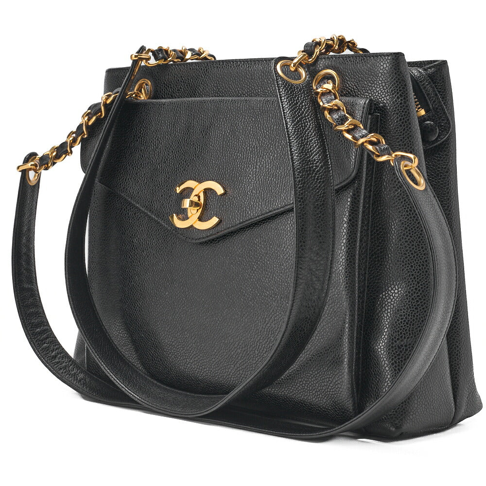 CHANEL Outside Flap Shoulder Bag Caviar Skin Black Gold-Tone Hardware, Pre-Owned