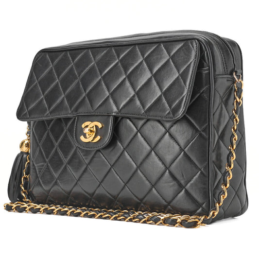 CHANEL Chain Shoulder Bag Matlasse Outside Flap Fringe Chain Shoulder Lambskin Black Gold-Tone Hardware, Pre-Owned