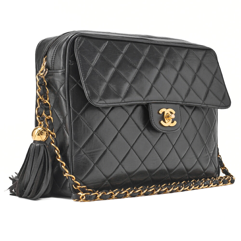 CHANEL Chain Shoulder Bag Matlasse Outside Flap Fringe Chain Shoulder Lambskin Black Gold-Tone Hardware, Pre-Owned