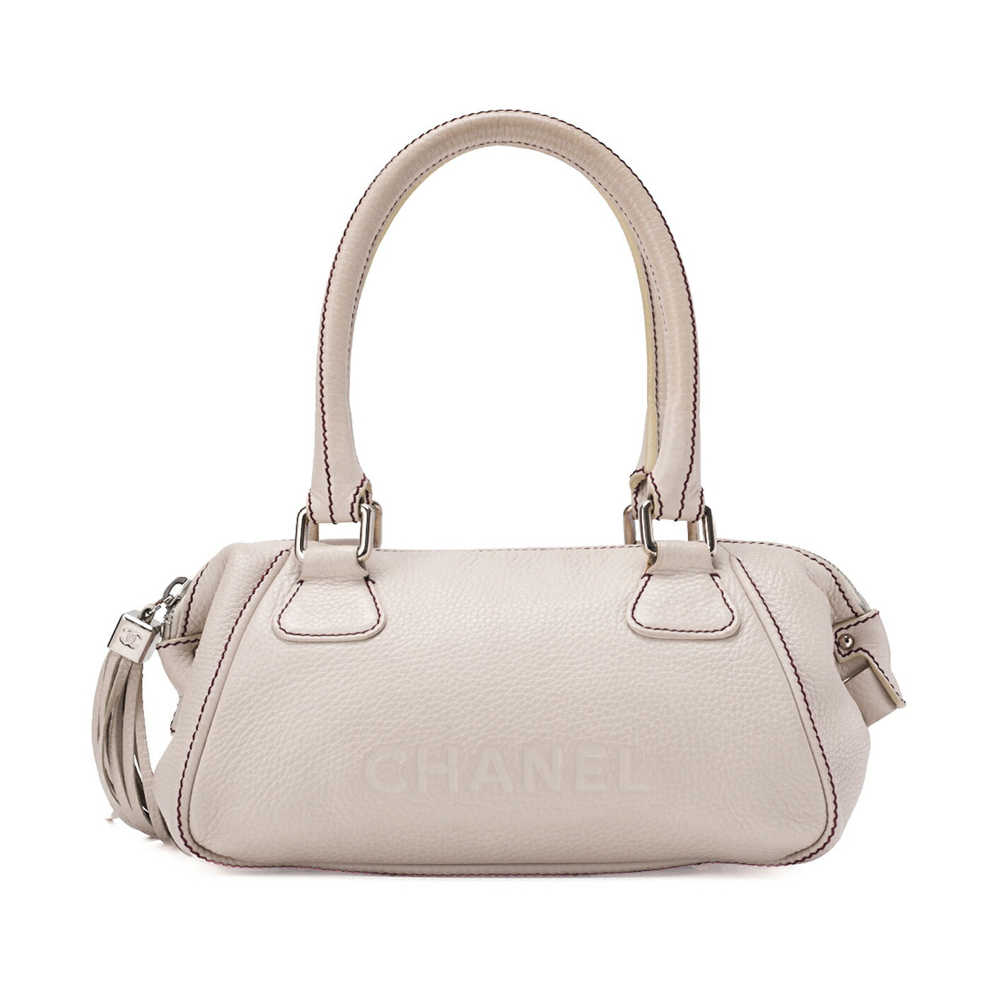 CHANEL Tote Bag Logo Fringe Leather White Silver-Tone Hardware, Pre-Owned