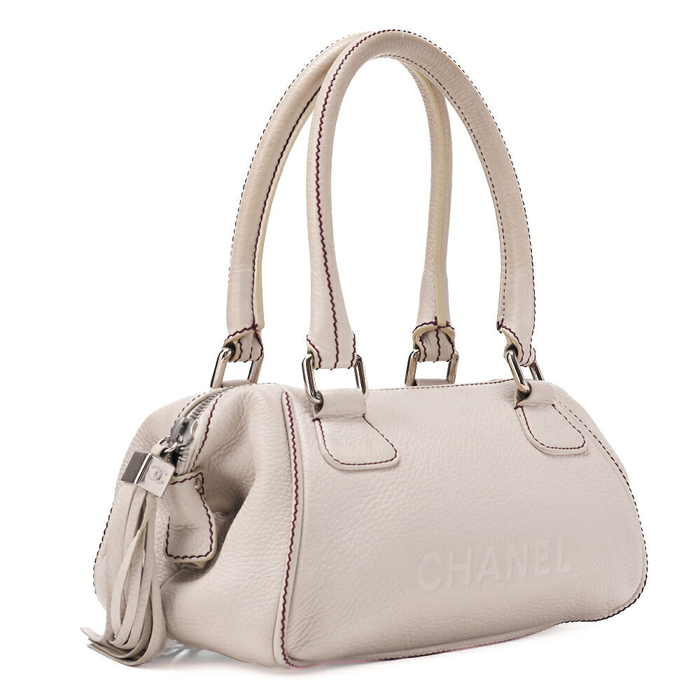 CHANEL Tote Bag Logo Fringe Leather White Silver-Tone Hardware, Pre-Owned