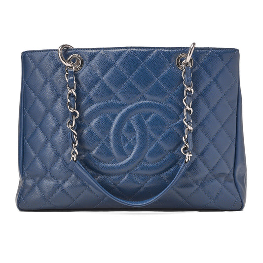 CHANEL Shoulder Bag Tote Bag Matelasse Caviar Skin Cocomark GST Double Chain Tote Navy Silver-Tone Hardware, Pre-Owned