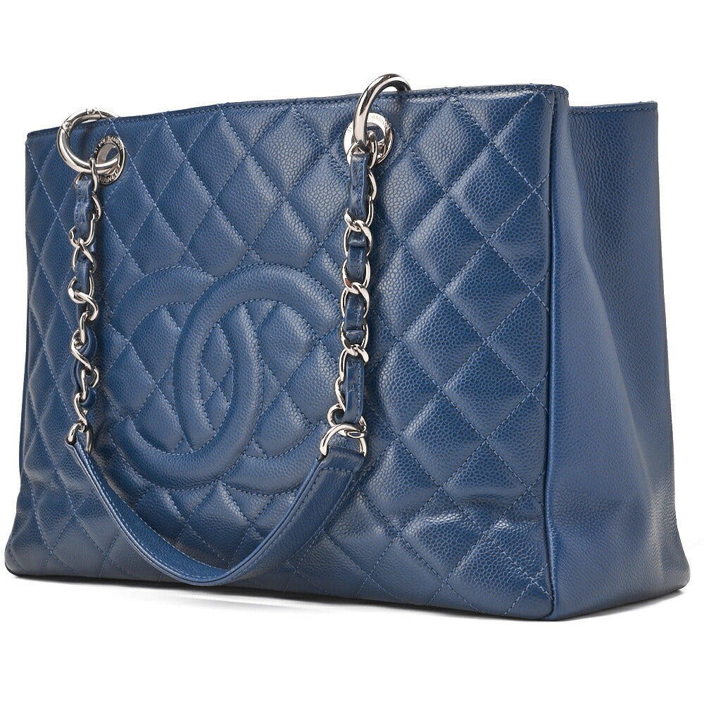CHANEL Shoulder Bag Tote Bag Matelasse Caviar Skin Cocomark GST Double Chain Tote Navy Silver-Tone Hardware, Pre-Owned