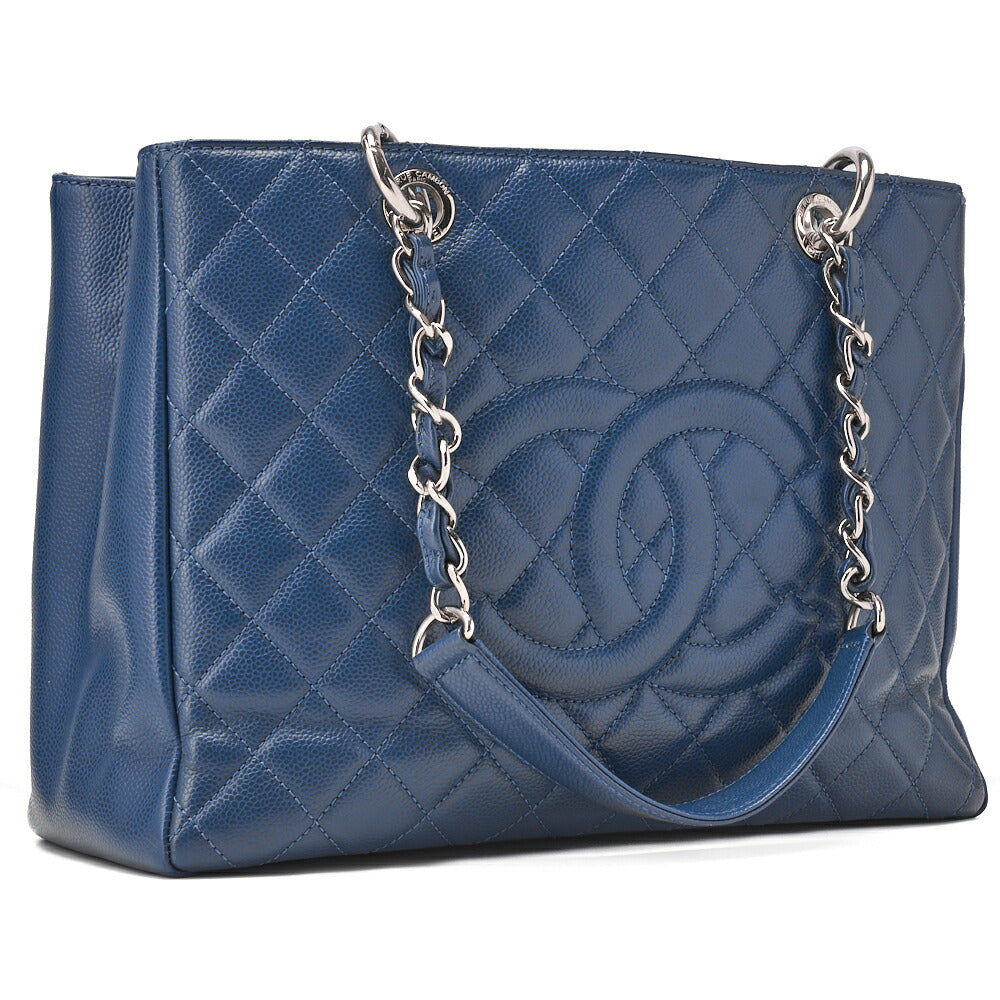 CHANEL Shoulder Bag Tote Bag Matelasse Caviar Skin Cocomark GST Double Chain Tote Navy Silver-Tone Hardware, Pre-Owned