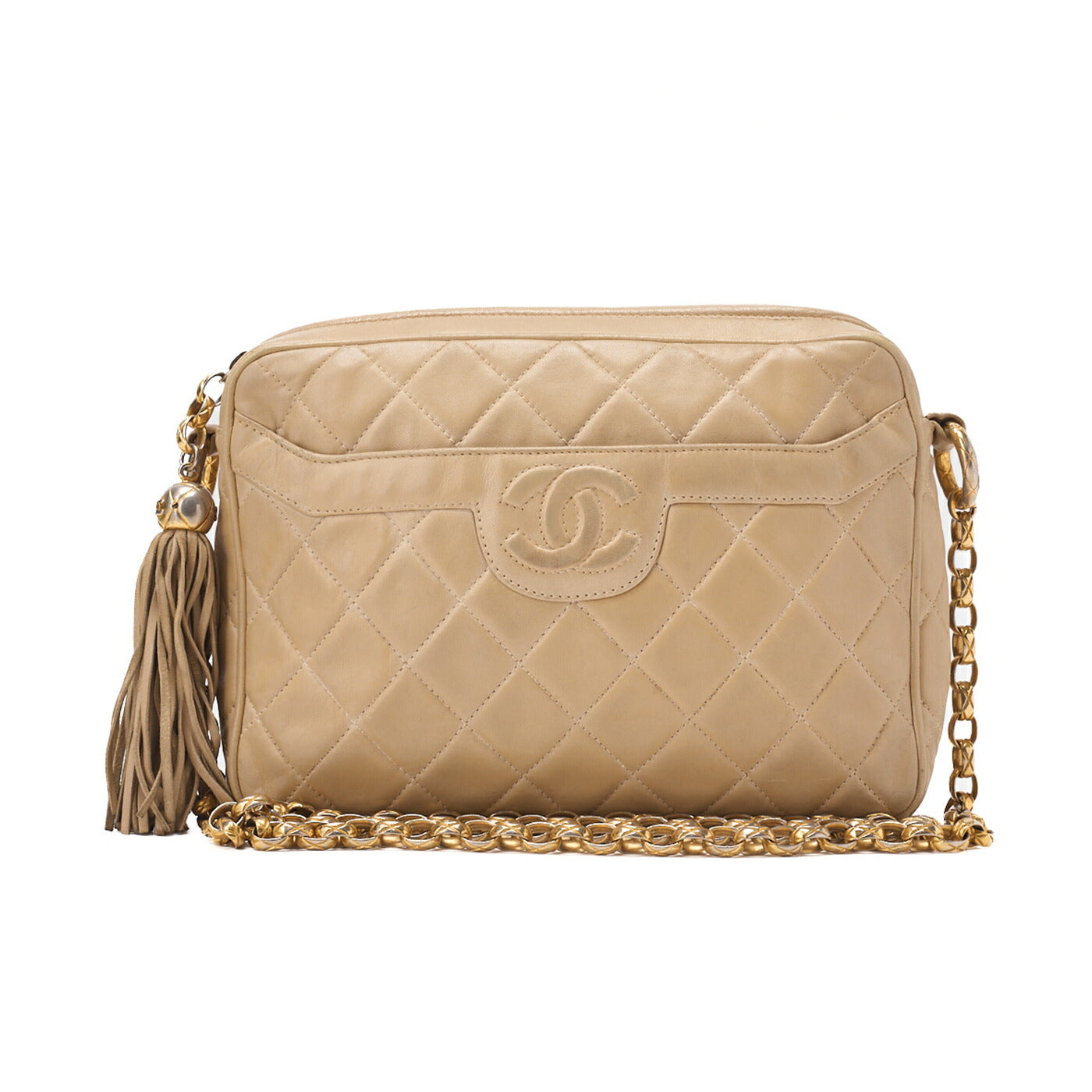 CHANEL Matelasse Coco Mark with Fringe Bijou Chain Shoulder Lambskin Beige Gold-Tone Hardware, Pre-Owned