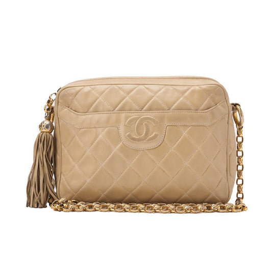 CHANEL Matelasse Coco Mark with Fringe Bijou Chain Shoulder Lambskin Beige Gold-Tone Hardware, Pre-Owned