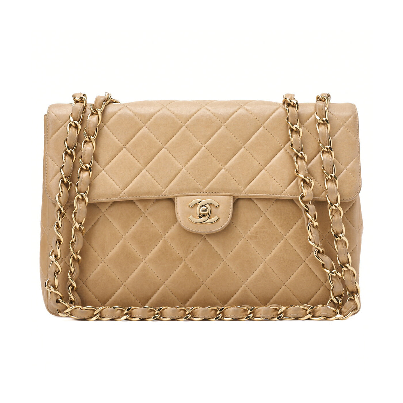CHANEL Chain Shoulder Bag Deca Matelasse 30cm Single Flap Lambskin Beige Gold-Tone Hardware, Pre-Owned
