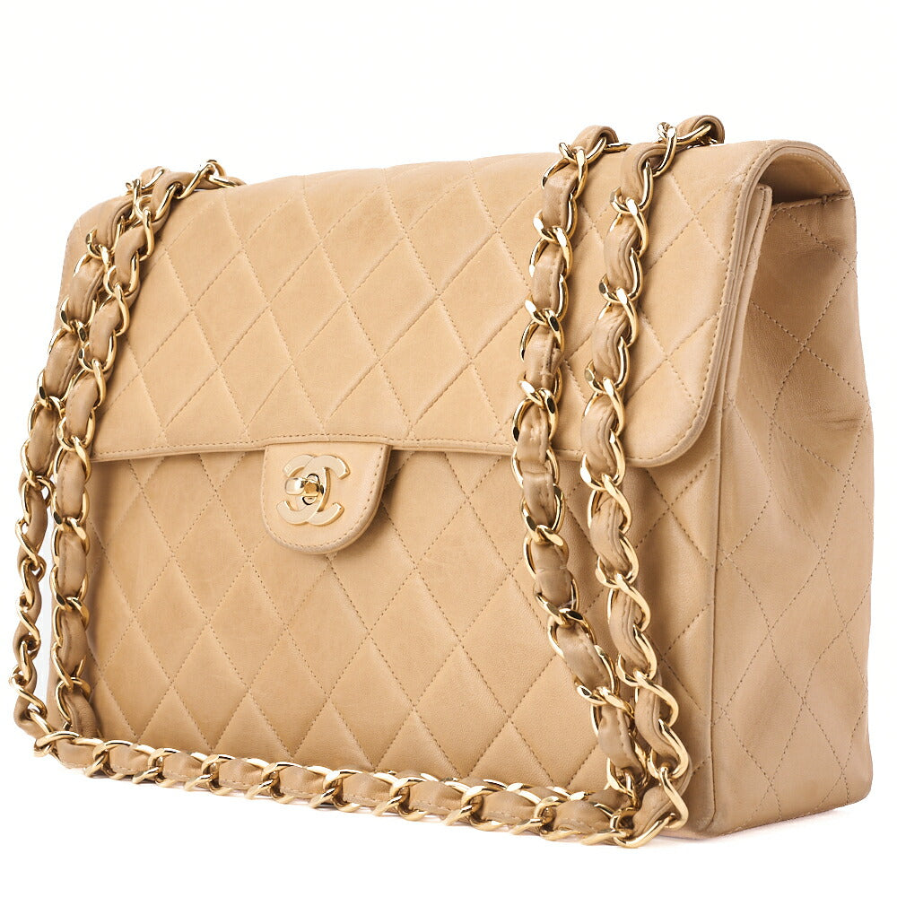 CHANEL Chain Shoulder Bag Deca Matelasse 30cm Single Flap Lambskin Beige Gold-Tone Hardware, Pre-Owned