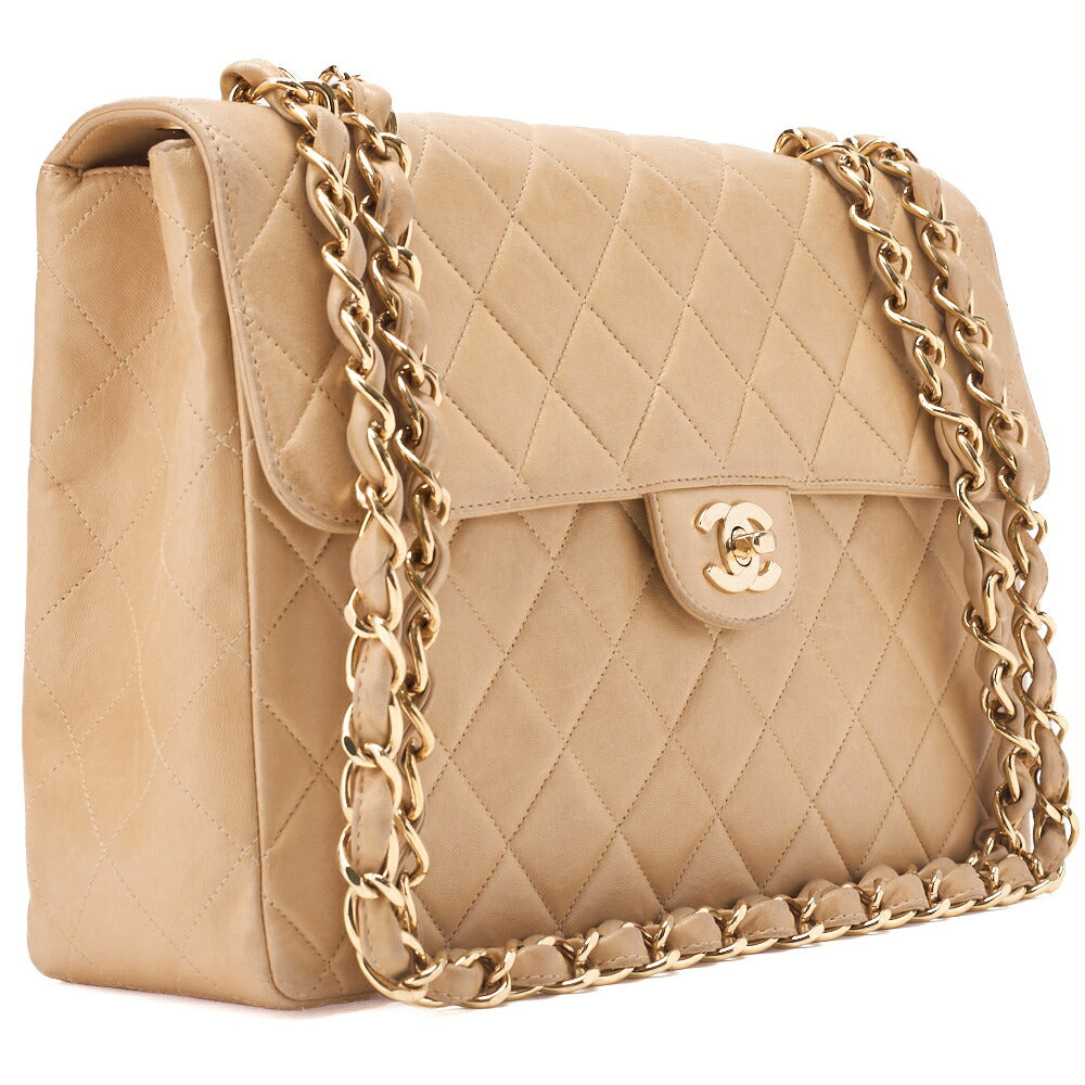 CHANEL Chain Shoulder Bag Deca Matelasse 30cm Single Flap Lambskin Beige Gold-Tone Hardware, Pre-Owned