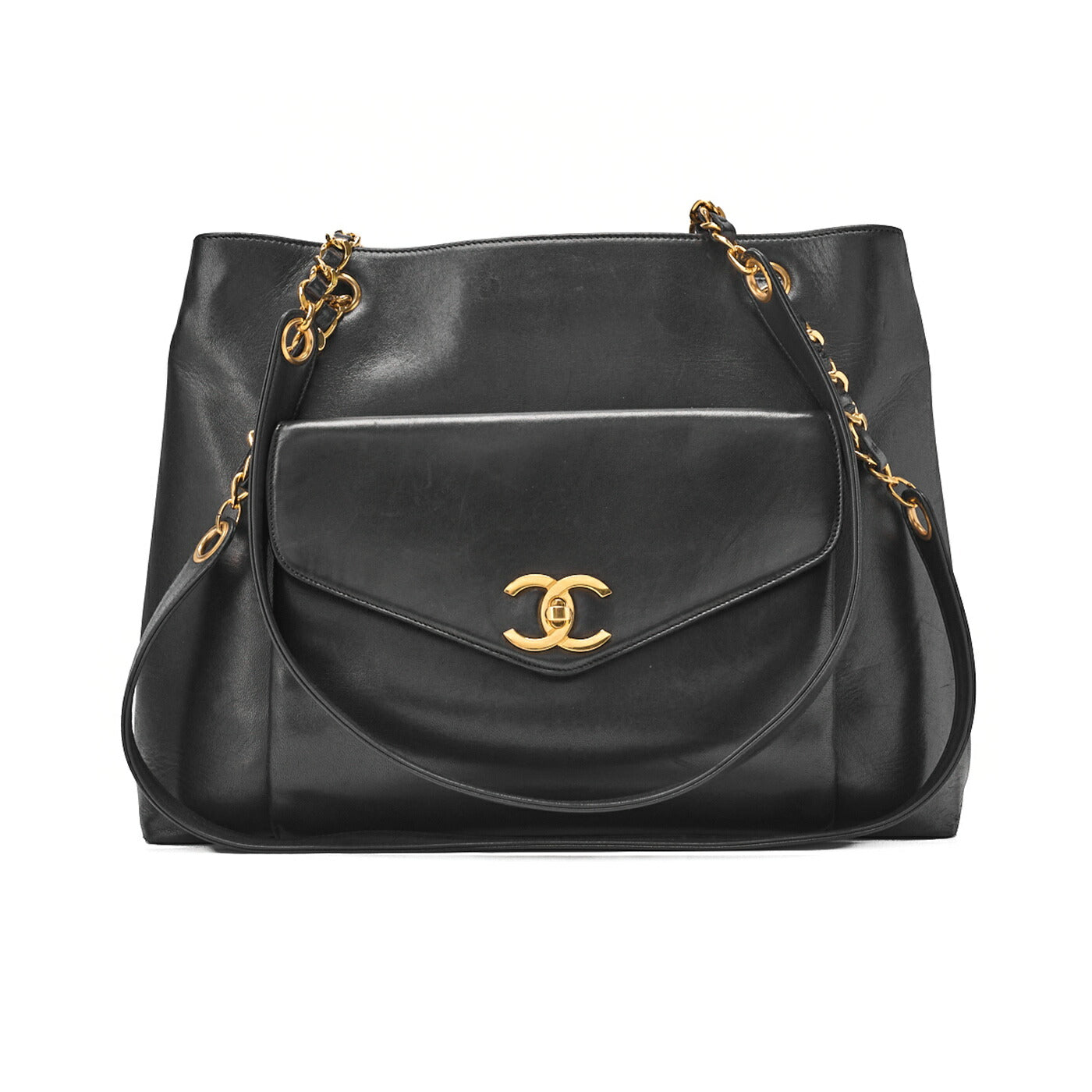 CHANEL Outside Flap Double Chain Shoulder Turnlock Lambskin Black Gold-Tone Hardware, Pre-Owned