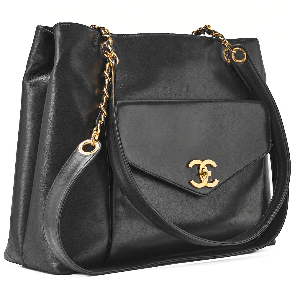 CHANEL Outside Flap Double Chain Shoulder Turnlock Lambskin Black Gold-Tone Hardware, Pre-Owned