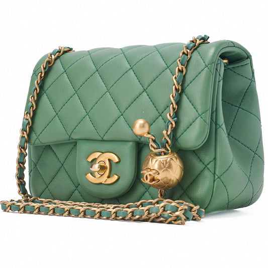 CHANEL Chain Shoulder Bag Mini Matelasse 17cm Lambskin Single Flap Turnlock Mint Green Gold-Tone Hardware, Pre-Owned
