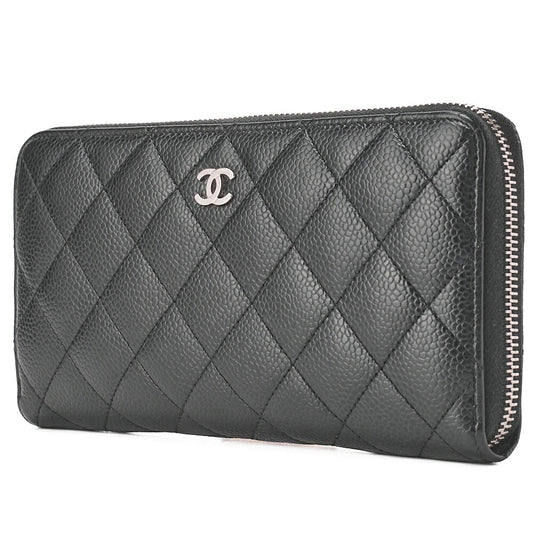 CHANEL Matrasse Round Long Wallet Caviar Skin Black Women's Wallet Silver-Tone Hardware, Pre-Owned