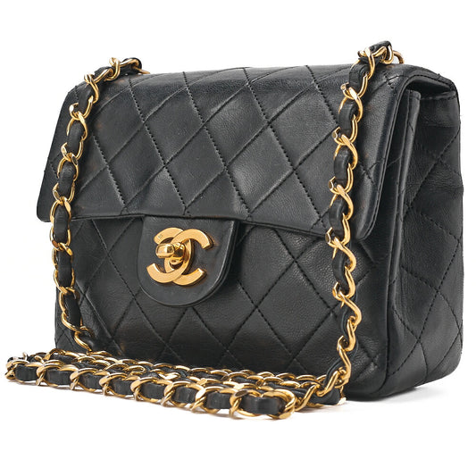 CHANEL Chain Shoulder Bag Mini Matelasse 17cm Lambskin Black Gold-Tone Hardware, Pre-Owned