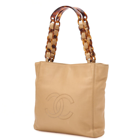 CHANEL Chain Tote Bag Coco Mark Tortoiseshell Plastic Chain Shoulder Beige Gold-Tone Hardware, Pre-Owned