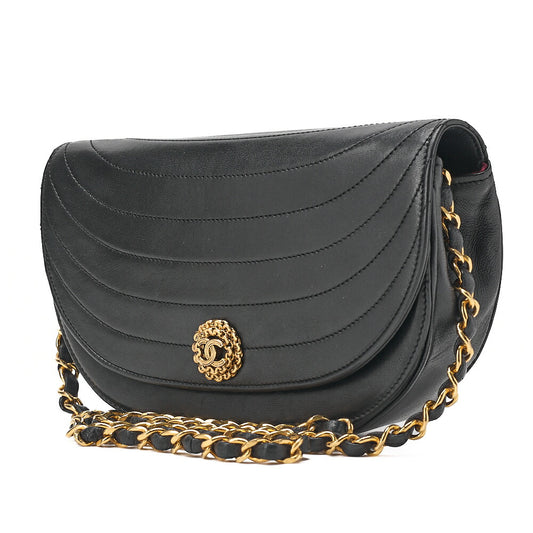 CHANEL Shoulder Bag Border Stitch Half Moon Push Lock Lambskin Black Gold-Tone Hardware, Pre-Owned