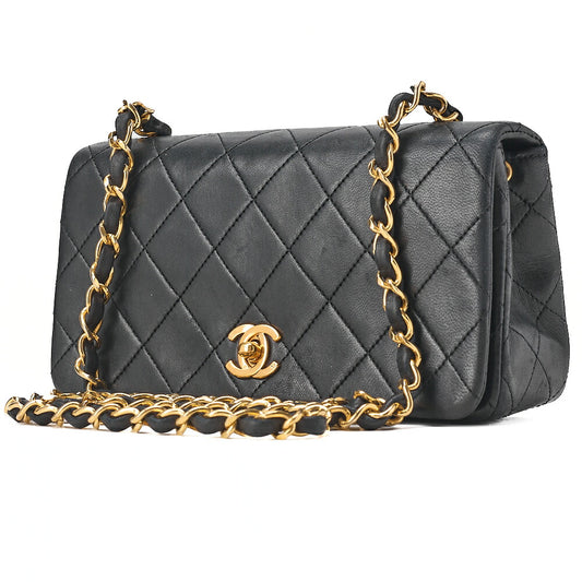 CHANEL Lambskin Matelasse Full Flap Chain Shoulder Black Gold-Tone Hardware, Pre-Owned