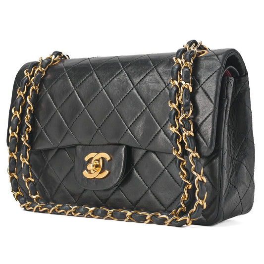CHANEL Chain Shoulder Bag Matelasse 23cm Double Flap Lambskin Black Gold-Tone Hardware, Pre-Owned
