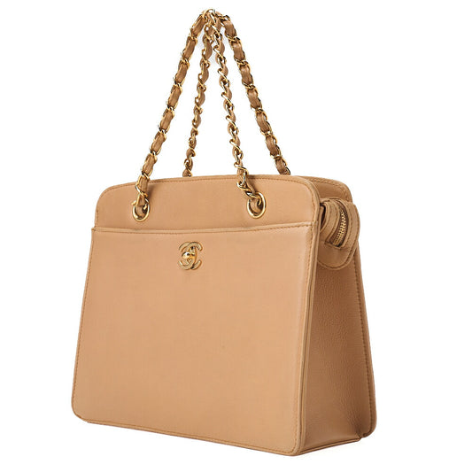 CHANEL Coco Mark with Logo Charm Chain Tote Bag Lambskin Beige Gold-Tone Hardware, Pre-Owned