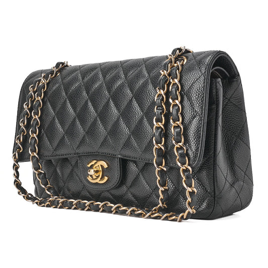 CHANEL Caviar Skin Matelasse 25cm Double Flap Chain Shoulder Black Gold-Tone Hardware, Pre-OwnedV