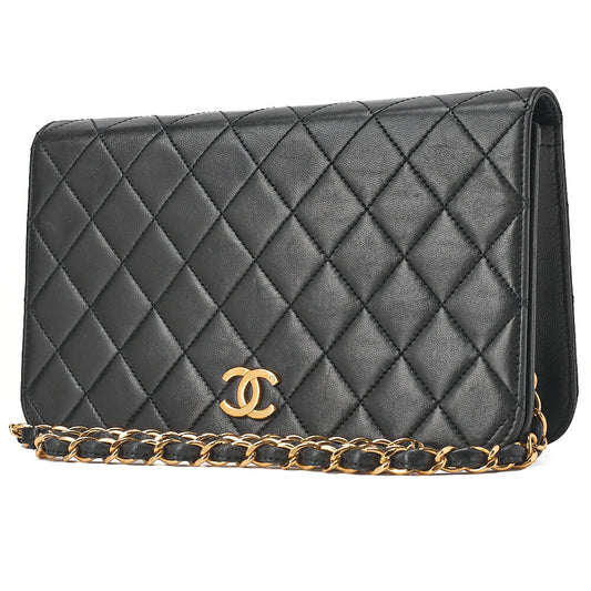 CHANEL Lambskin Matelasse Full Flap 23cm Push Lock Chain Shoulder Black Gold-Tone Hardware, Pre-Owned