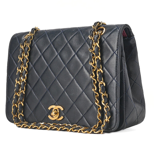 CHANEL Lambskin Matelasse Full Flap Turnlock Chain Shoulder Navy Gold-Tone Hardware, Pre-Owned