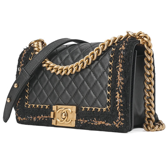 CHANEL Tweed X Lambskin Boy Chanel Braided Chain Shoulder Black Gold-Tone Hardware, Pre-Owned