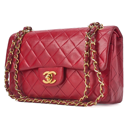 CHANEL Chain Shoulder Bag Matelasse 23cm Double Flap Lambskin Red Gold-Tone Hardware, Pre-Owned